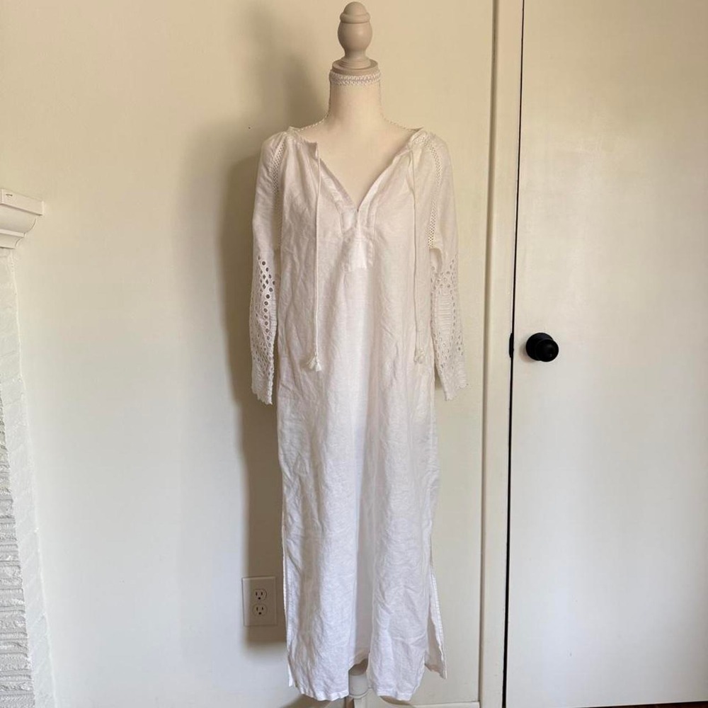 J.Crew white linen blend cottagecore dress with eyelet lace sleeves and pockets